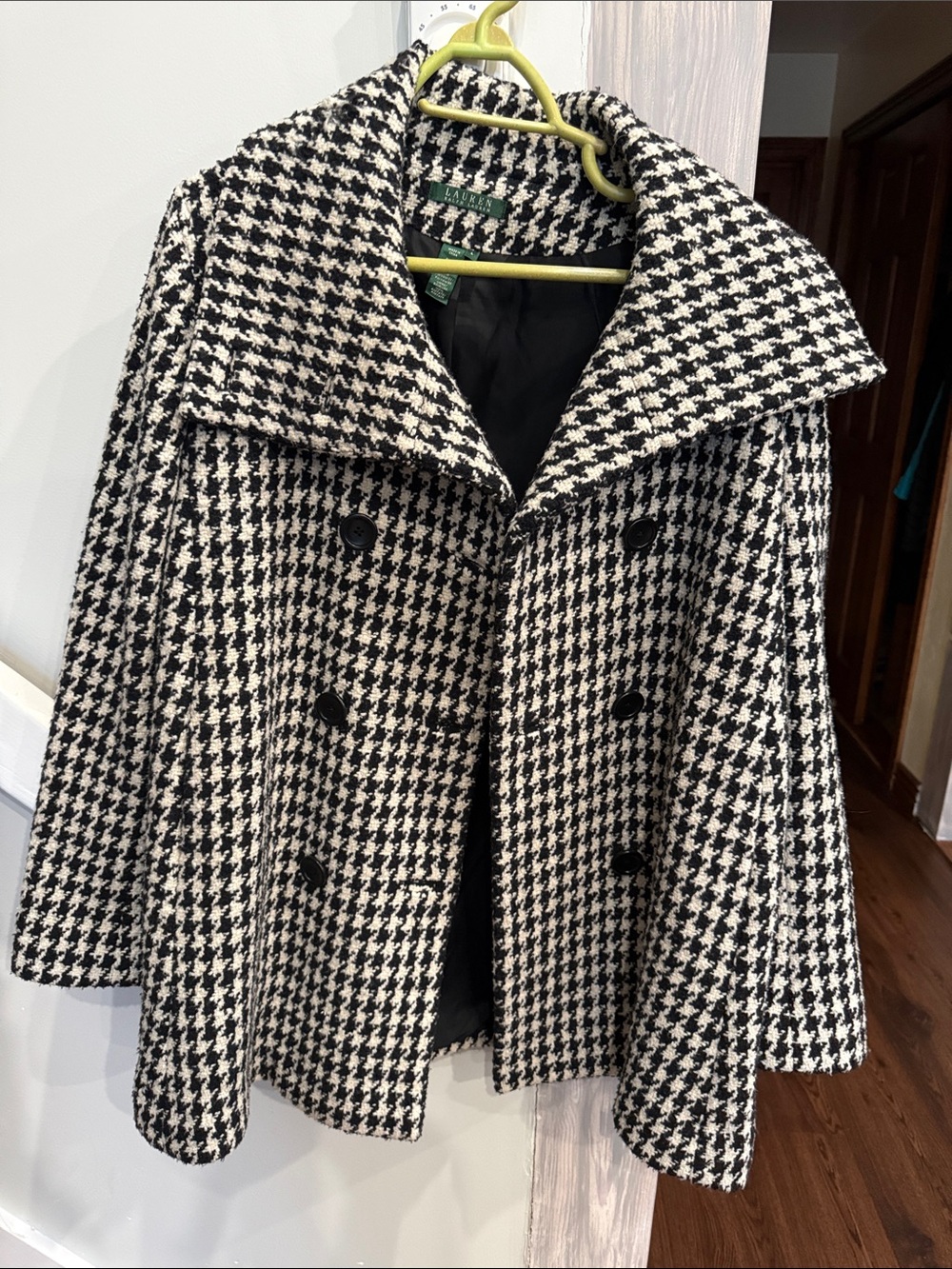 Lauren Ralph Lauren Black & White Houndstooth Double-Breasted Peacoat